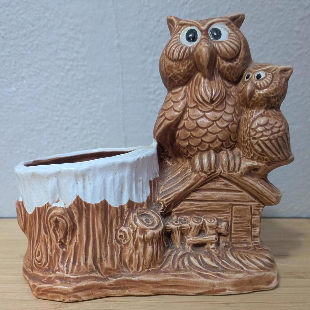 Vintage MCM 60s Owl Planter Made in Japan Brown Ceramic Log Cabin Owl Pair